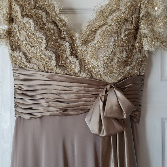 Jovani Beaded Silky Chiffon Gown Gold/Tan, Size 8 - Picture 6 of 13